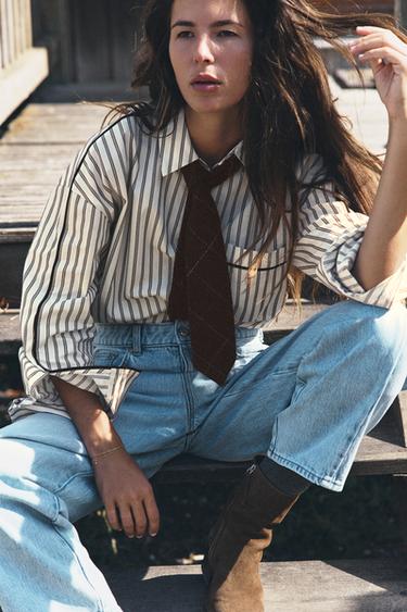 STRIPED CONTRAST PIPING SHIRT — Brown / White 1