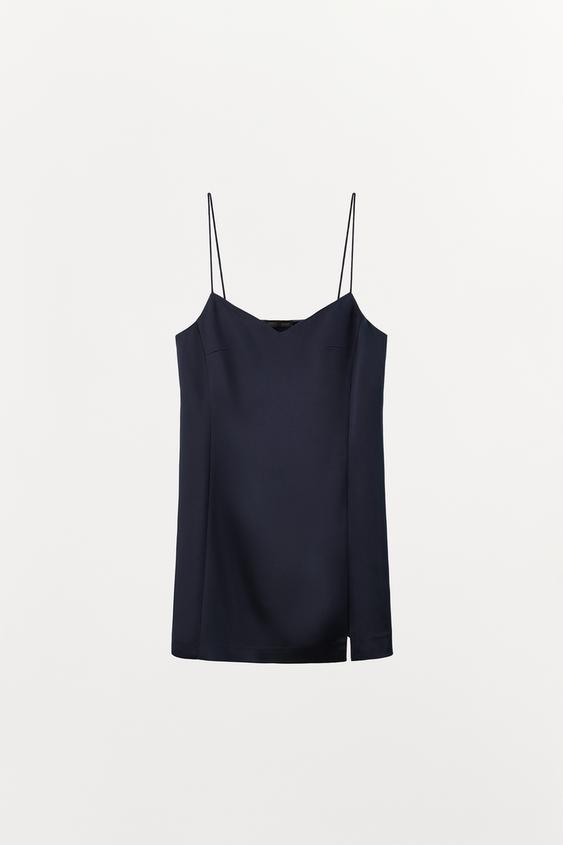 navy blue satin dress zara COMBINATION SATIN EFFECT LACE MINI DRESS - Navy blue