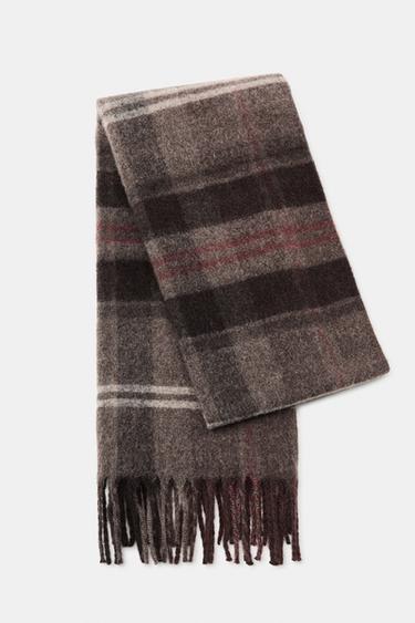 Zara PLAID FRINGED SCARF - taupe brown