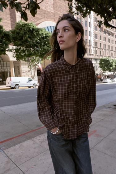 OVERSIZE CHECKS SHIRT - Brown / Ecru by Zara - Image 4