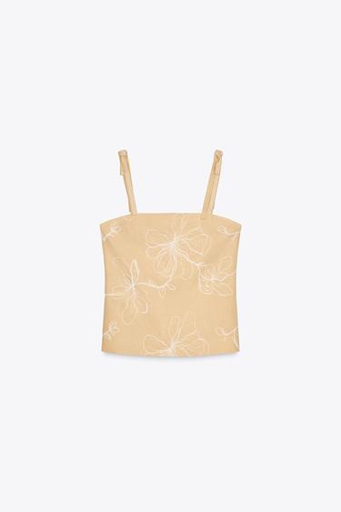 Zara ZW COLLECTION EMBROIDERED TOP - taupe brown