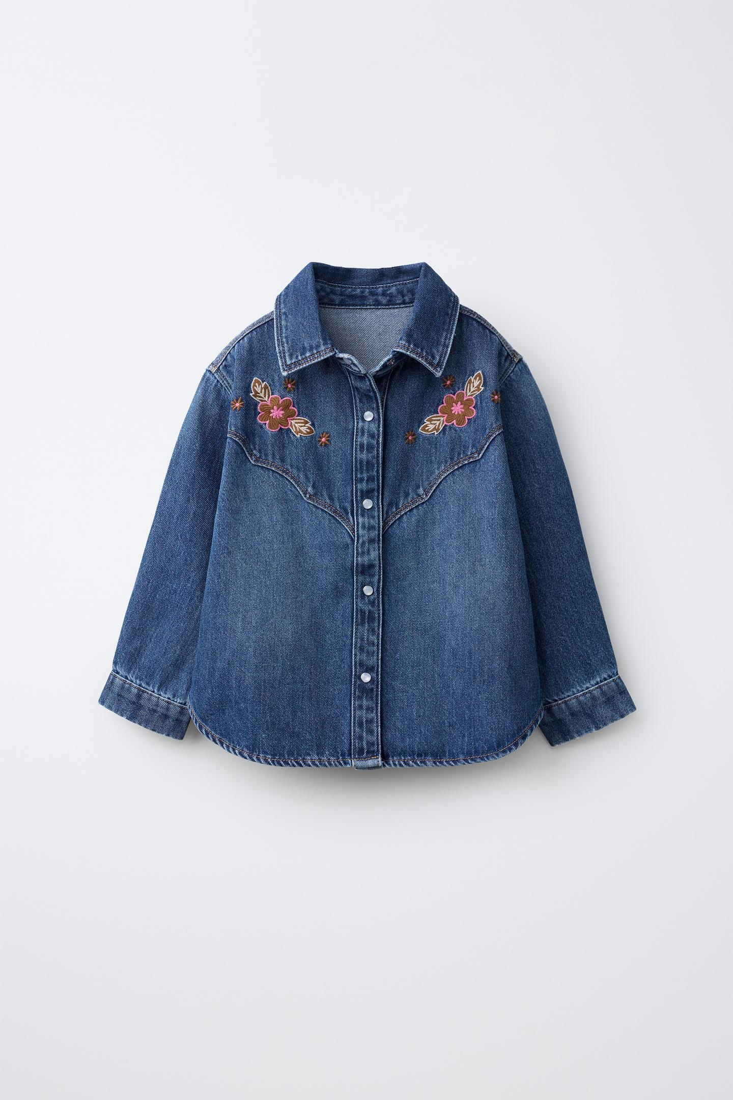 Детская рубашка Zara Embroidered Floral Denim, цвет: Синий — фото 1