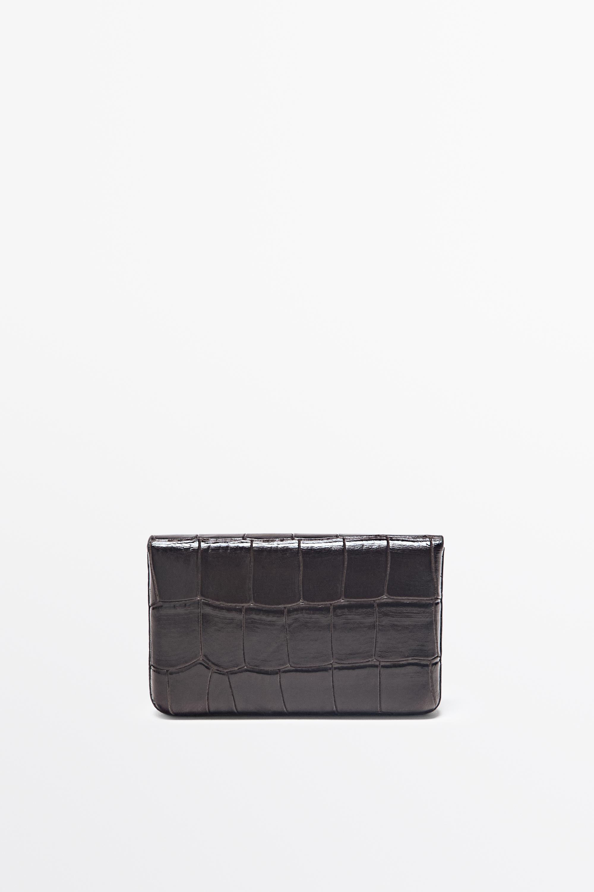 Crocodile-textured leather card holder — Brown