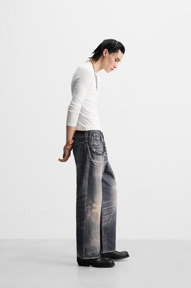 Zara PRINTED WASHED BAGGY FIT JEANS - Blue
