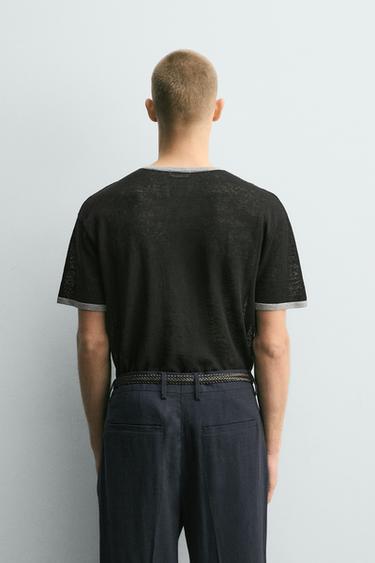 CONTRAST LINEN BLEND KNIT T-SHIRT - Black by Zara - Image 2