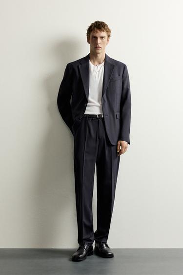 PANTALÓN TRAJE ESTRUCTURA ESPIGA CON LANA - Marino de Zara - Imagen 0