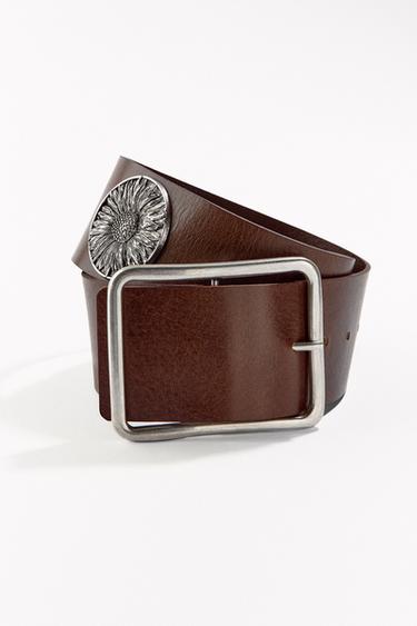 Zara WIDE LEATHER BELT WITH FLOWERS - Brown