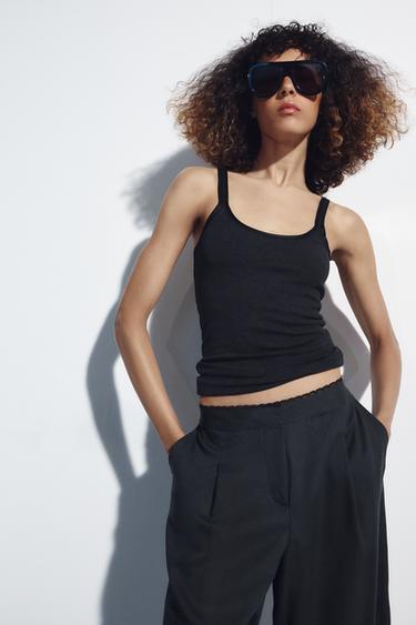 Zara RIBBED STRAPPY TANK TOP - Charcoal gray