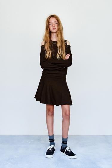 Zara 羅紋布鏤空鉚釘 T 恤 - 棕色