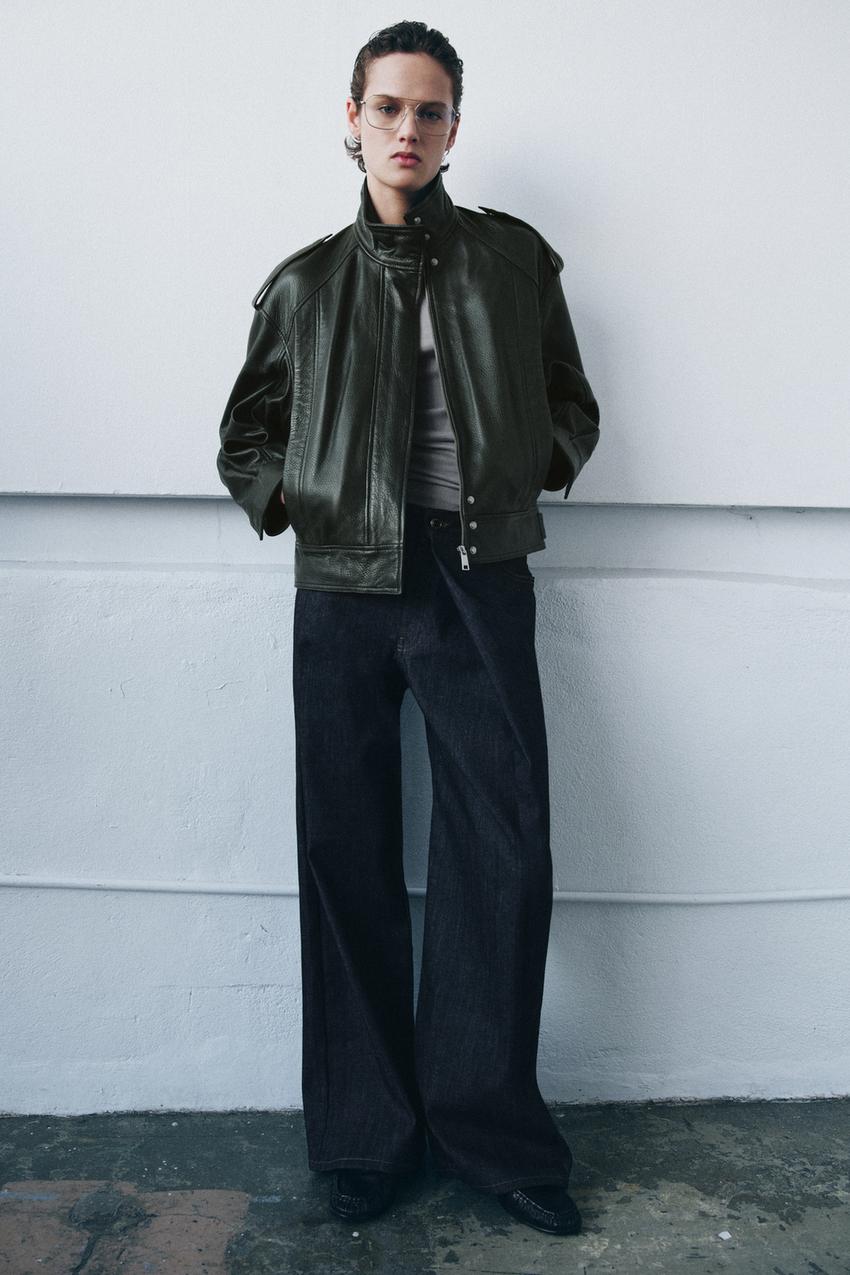 Zara - Leather Bomber Jacket Zw Collection Limited Edition - Bottle Green - M - Woman Zara - Leather Bomber Jacket Zw Collection Limited Edition - Bottle Green - M - Woman