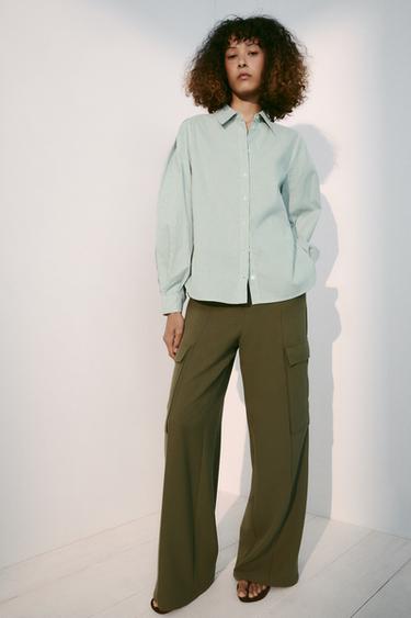Zara STRIPED COTTON SHIRT - Green / Ecru