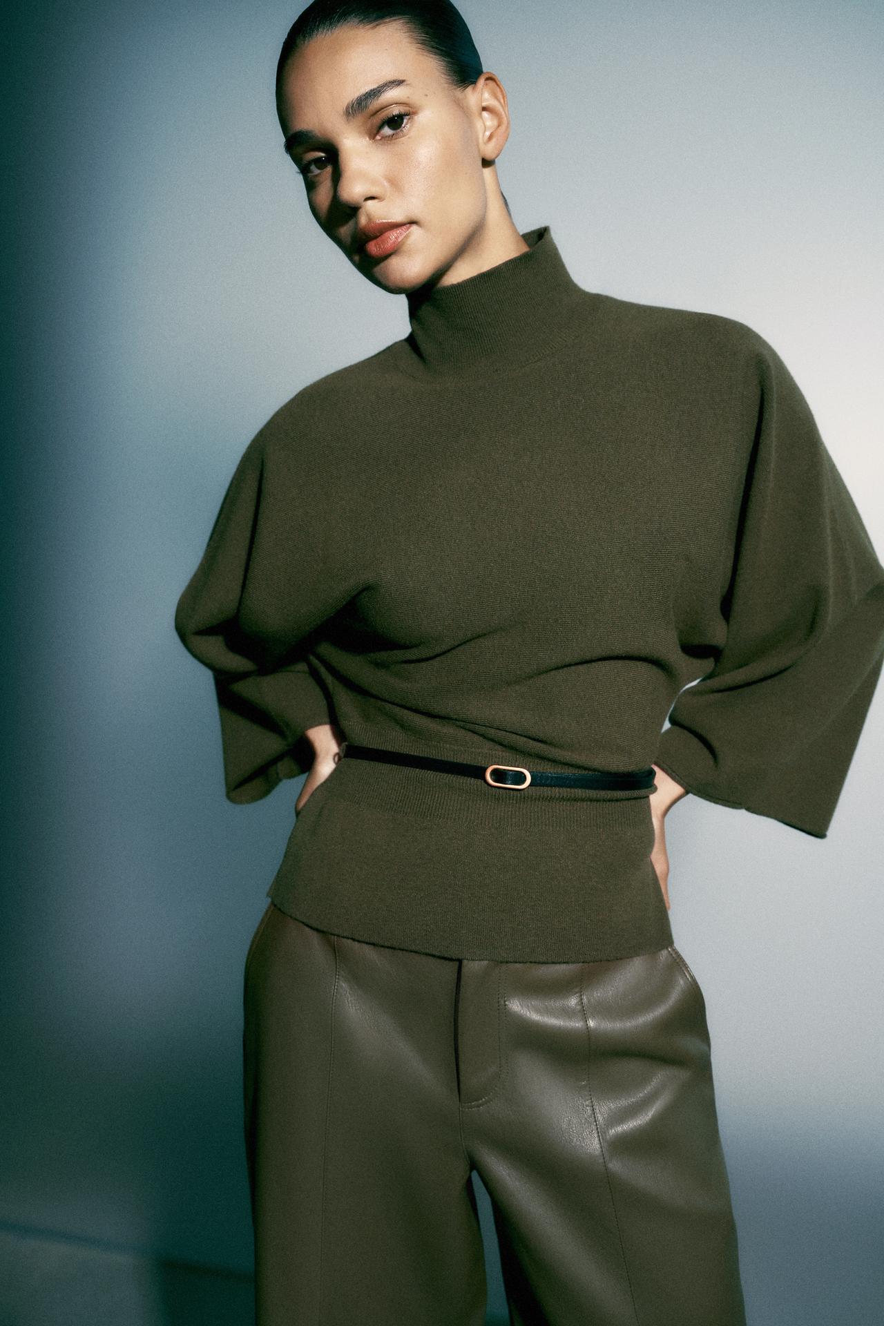 BELTED KNIT SWEATER — Khaki