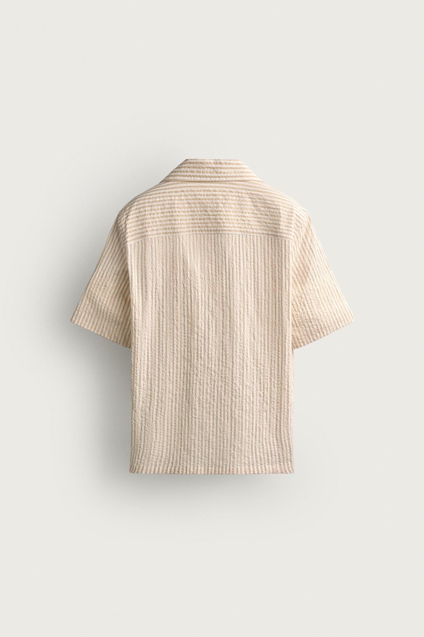 Мужская рубашка Zara Regular Fit Crinkled Striped, цвет: Жёлтый — фото 7