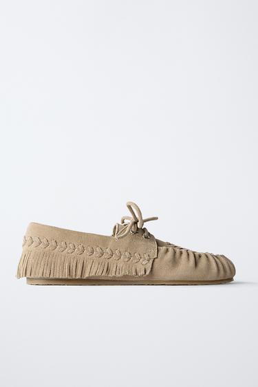 FRINGED LEATHER LOAFERS - Beige by Zara