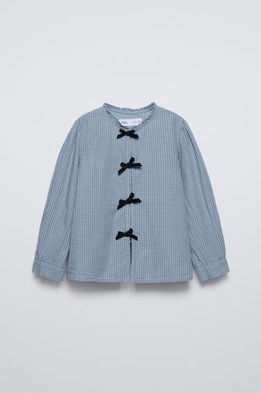 CHECK VELVET BOW SHIRT - Mid-blue by Zara