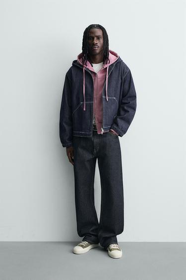 HOODED DENIM JACKET WITH TOPSTITCHING - Indigo by Zara