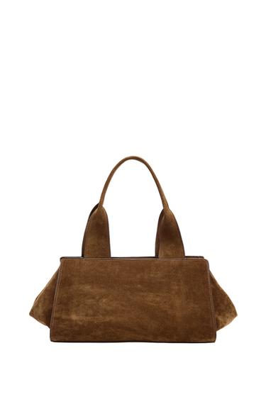 LEATHER SPLIT SUEDE DOUBLE HANDLE BAG - Cognac Brown by Zara
