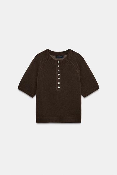 SHORT SLEEVE KNIT JUMPER WITH BUTTONS - Brown by Zara