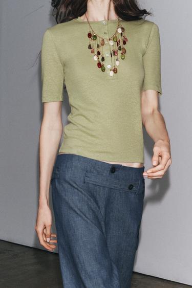 LINEN BLEND BUTTON T-SHIRT - Green by Zara - Image 2