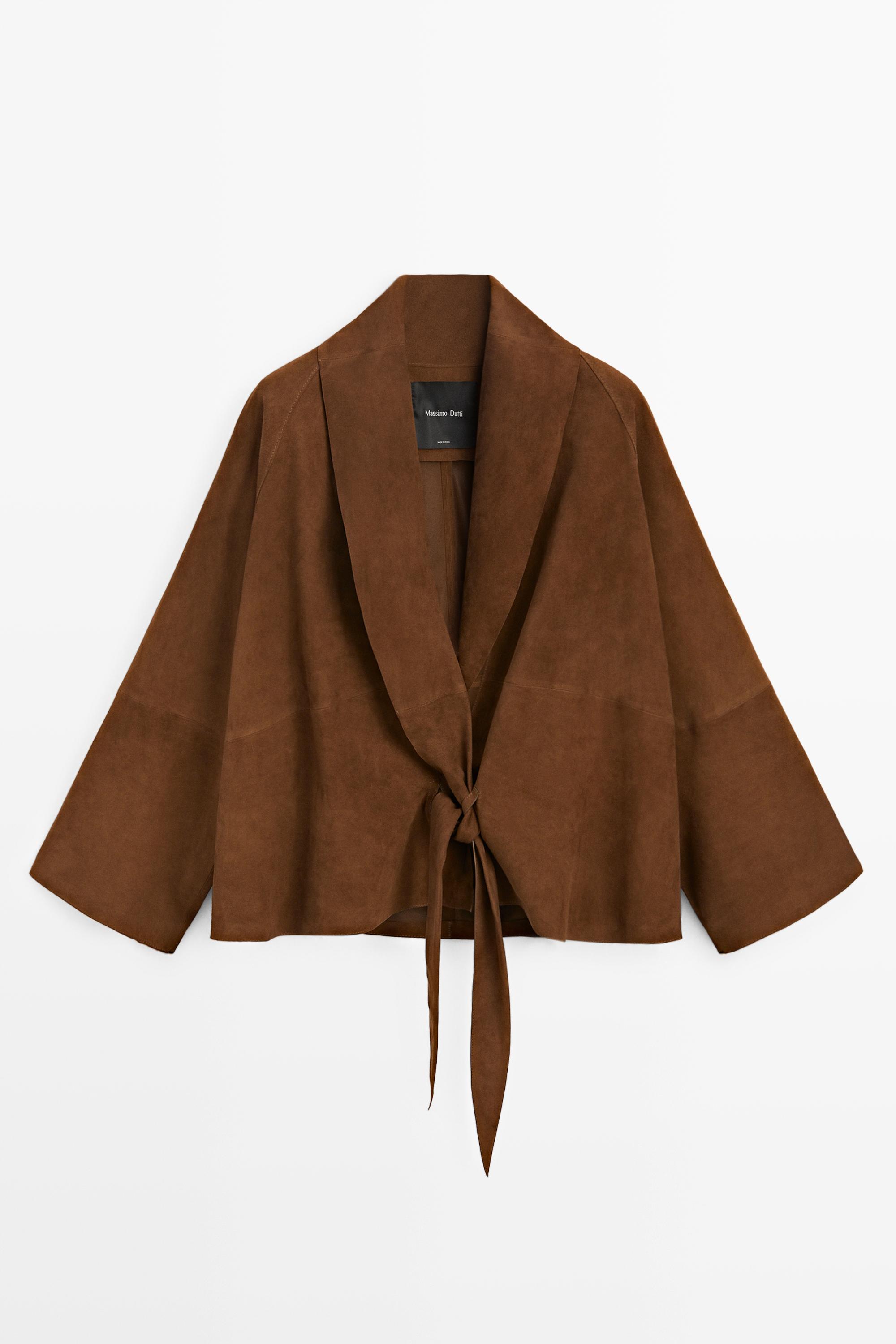 Suede leather wrap kimono — Mink marl