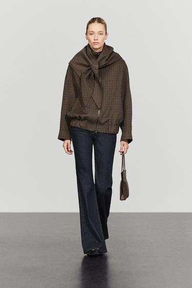 Zara Gingham bomber jacket with scarf - Brown - Image 0