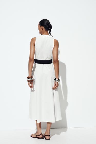 ROBE MIDI EN POPELINE LISERÉS CONTRASTE - Écru de Zara - Image 5