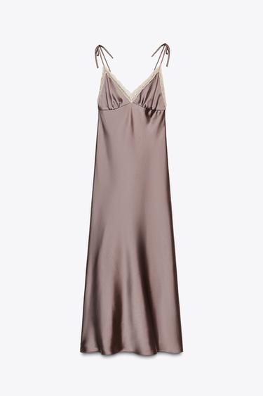 Zara SATIN LACE MIDI DRESS - Brown / Taupe