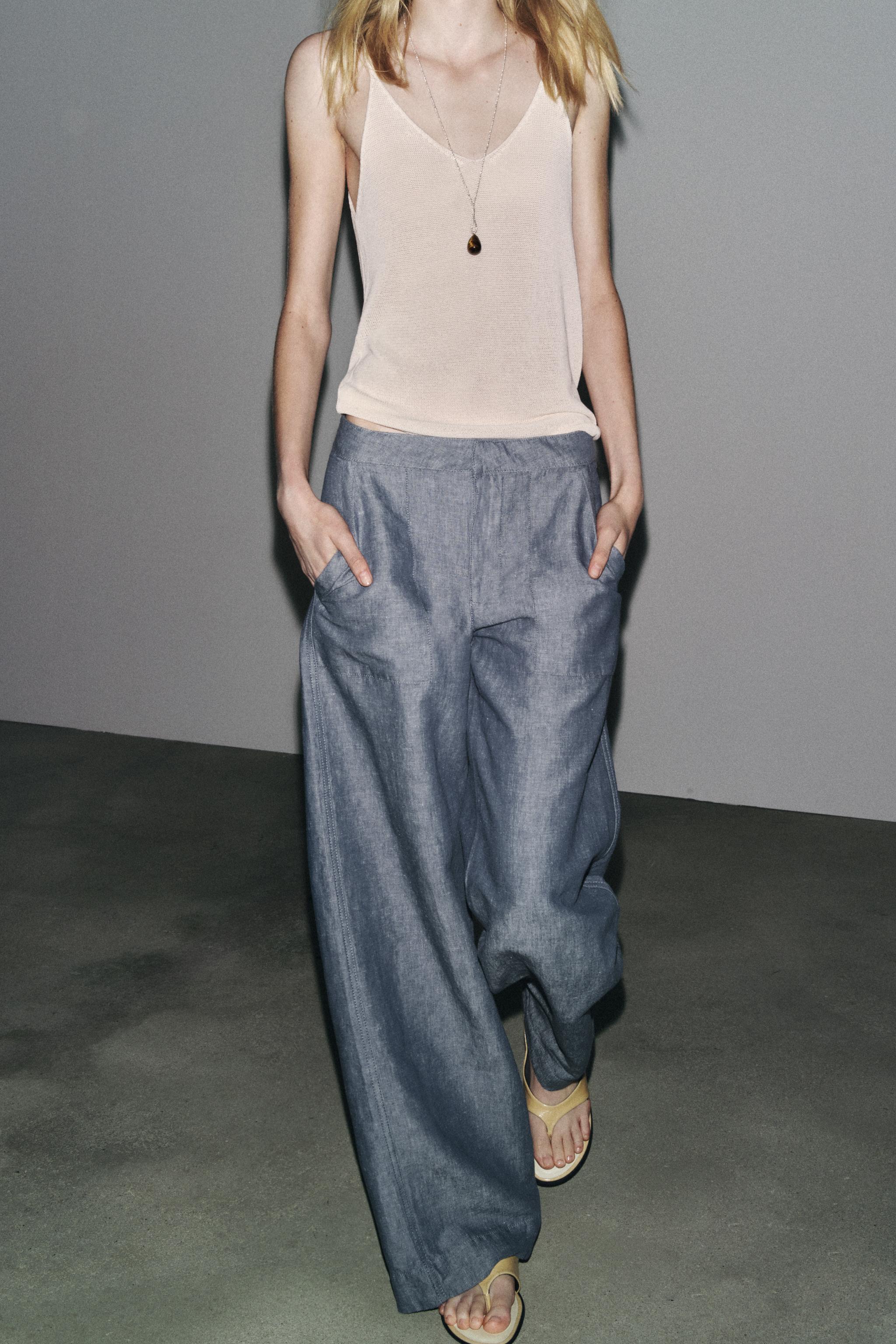 ZW COLLECTION WIDE LEG LINEN PANTS - Blue | ZARA United States