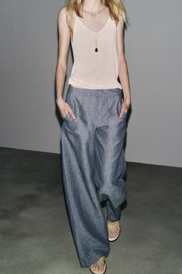ZW COLLECTION LINEN BLEND WIDE-LEG TROUSERS - Blue by Zara - Image 4