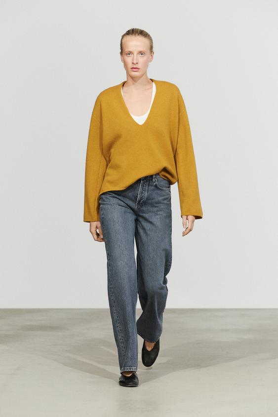 Zara Long-line knit sweater with neckline detail - Mustard - Image 0
