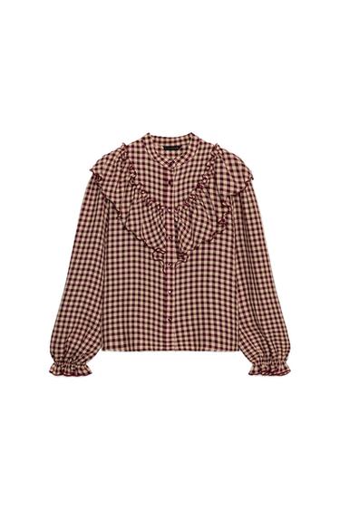 BLUSE MIT VICHY-KAROS UND VOLANTS - Burgundrot von Zara