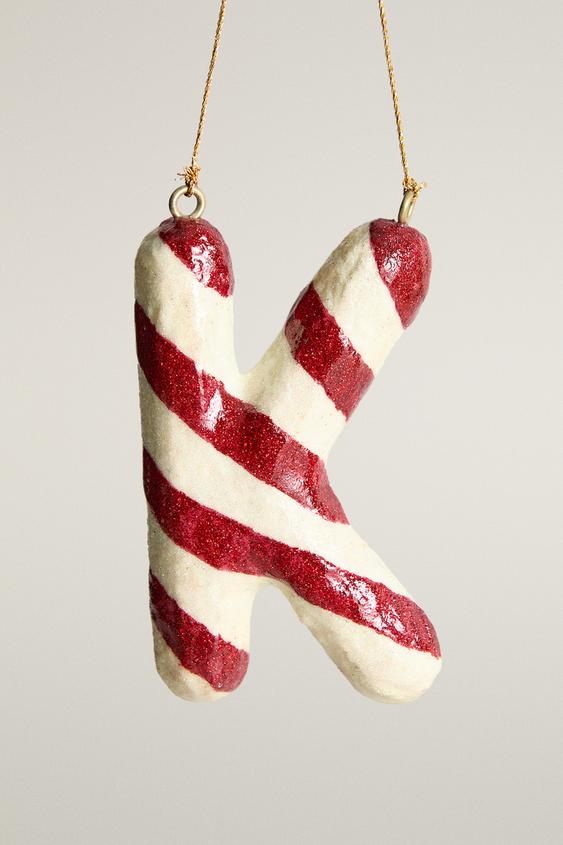 CHRISTMAS TREE LETTER K STRIPED ORNAMENT - White / Red by Zara - Image 0