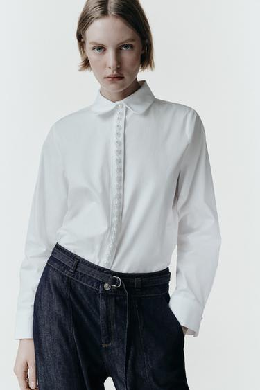 Zara PEARL POPLIN SHIRT - White