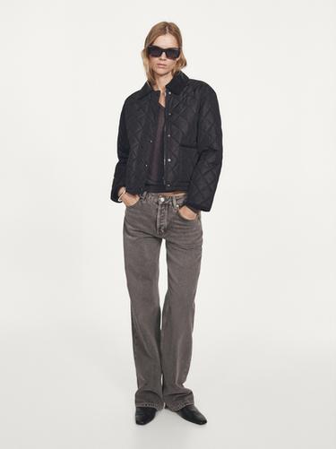 Zara Short lightweight water-repellent puffer jacket with corduroy detail - Black