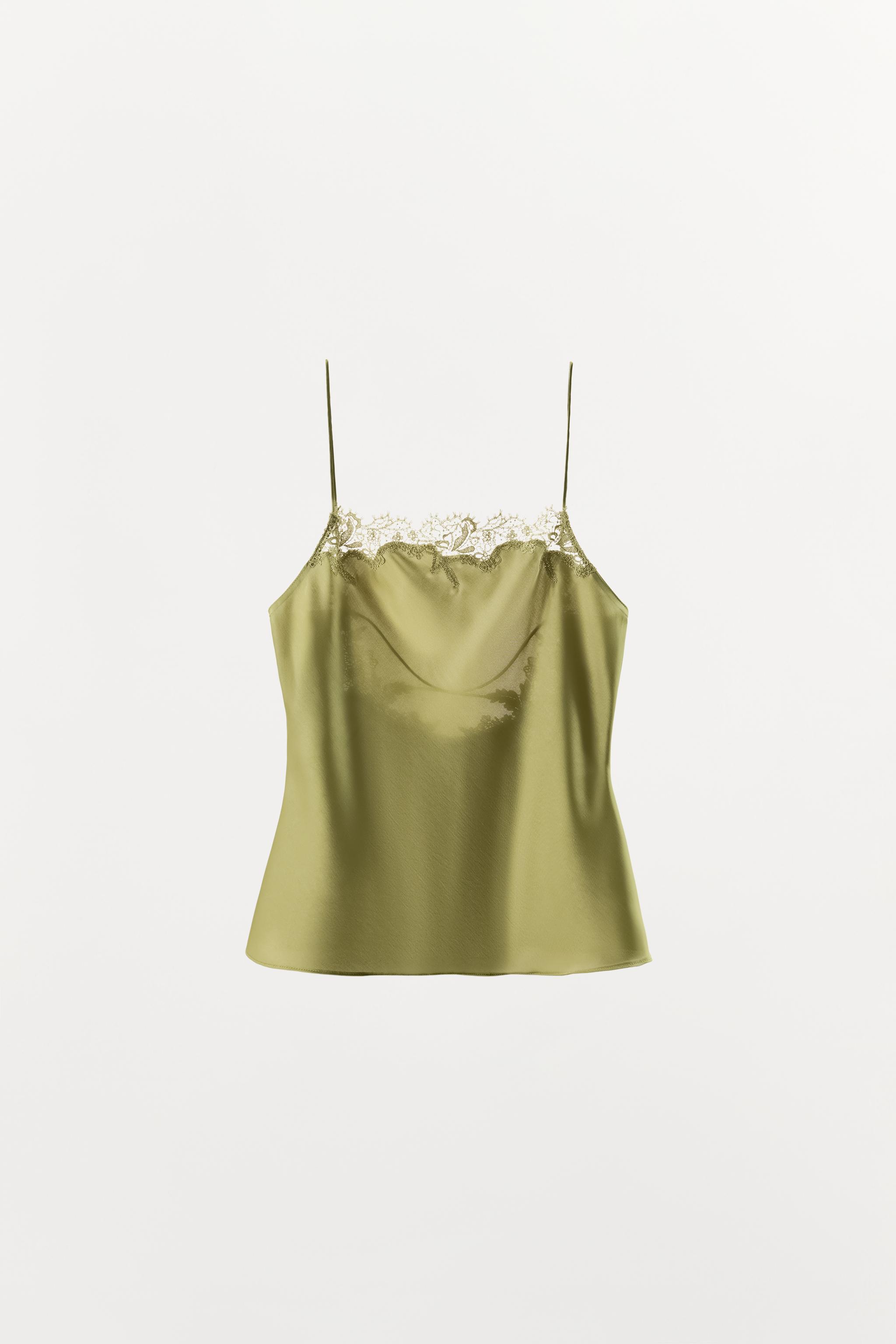 レーストリムサテン地キャミソールトップス - グリーン | ZARA Japan