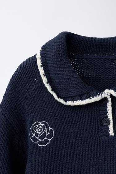 PULL EN MAILLE COL CLAUDINE À FLEURS BRODÉES - Bleu de Zara - Image 2