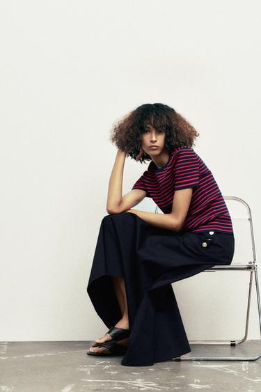 Zara SHORT SLEEVE STRIPED KNIT TOP - Red / Navy