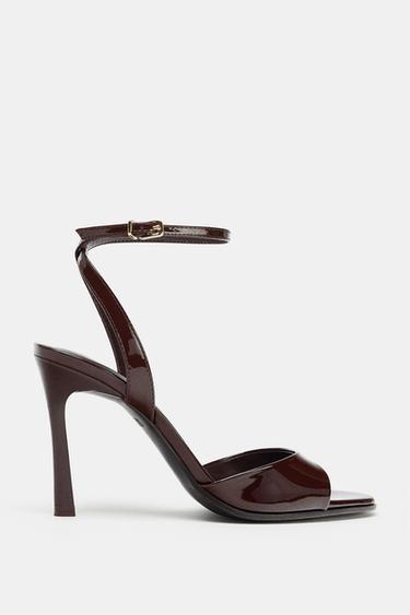 FAUX-PATENT-FINISH HEELED MULES - Brown by Zara