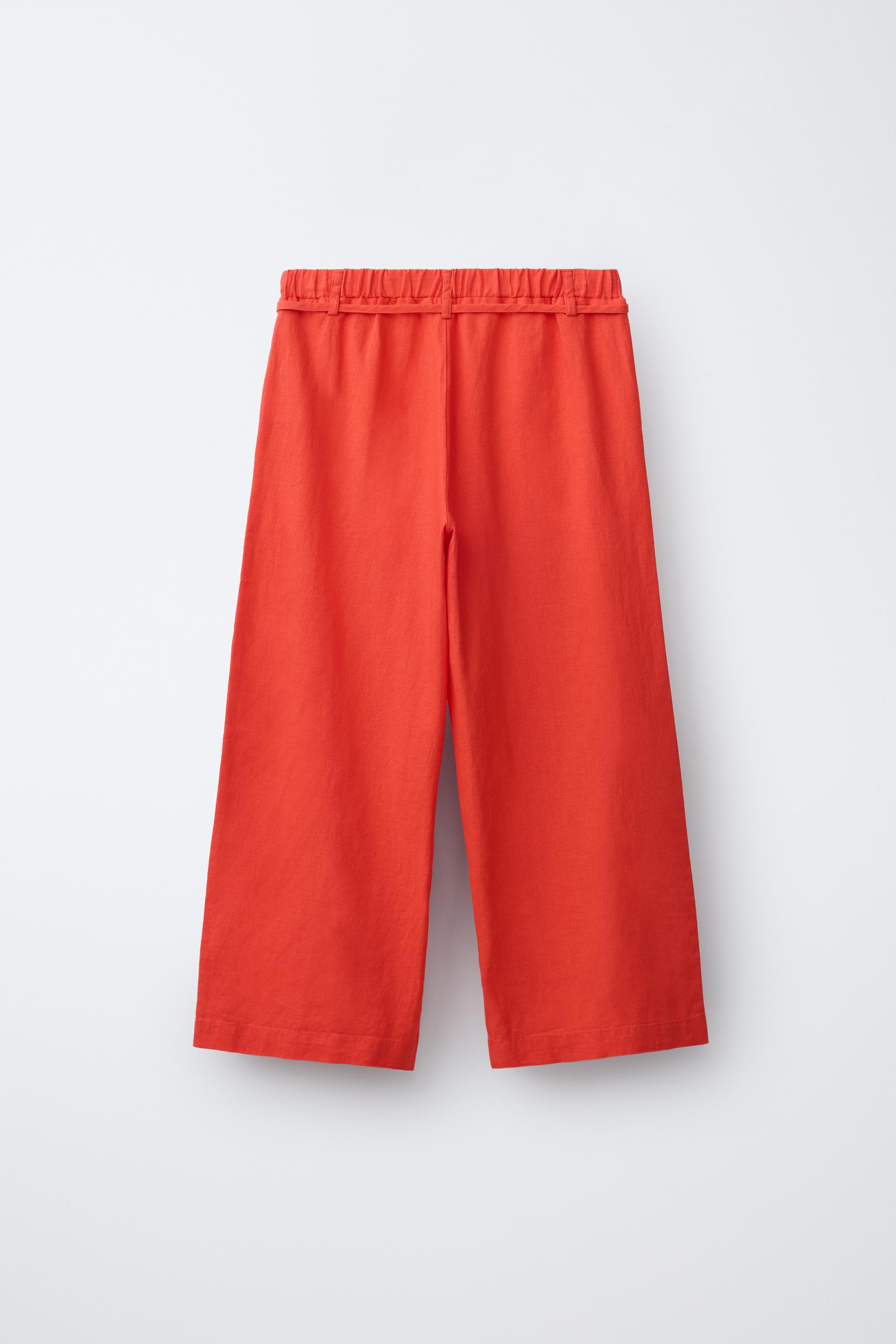 LINEN DRAWSTRING STRAIGHT PANTS — Red (alternate view)