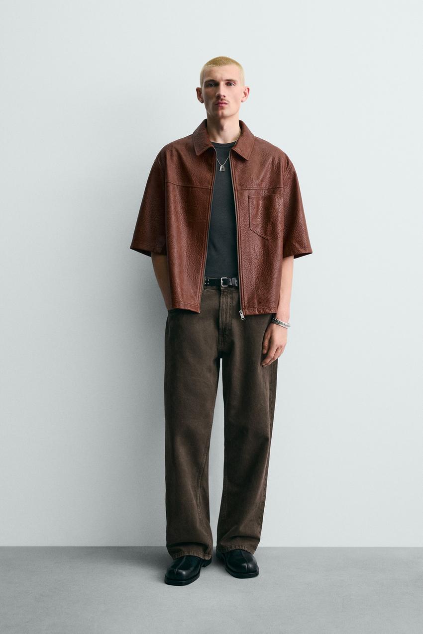 Zara - Faux Leather Relaxed Fit Overshirt - Gray - L - Man Zara - Faux Leather Relaxed Fit Overshirt - Gray - L - Man