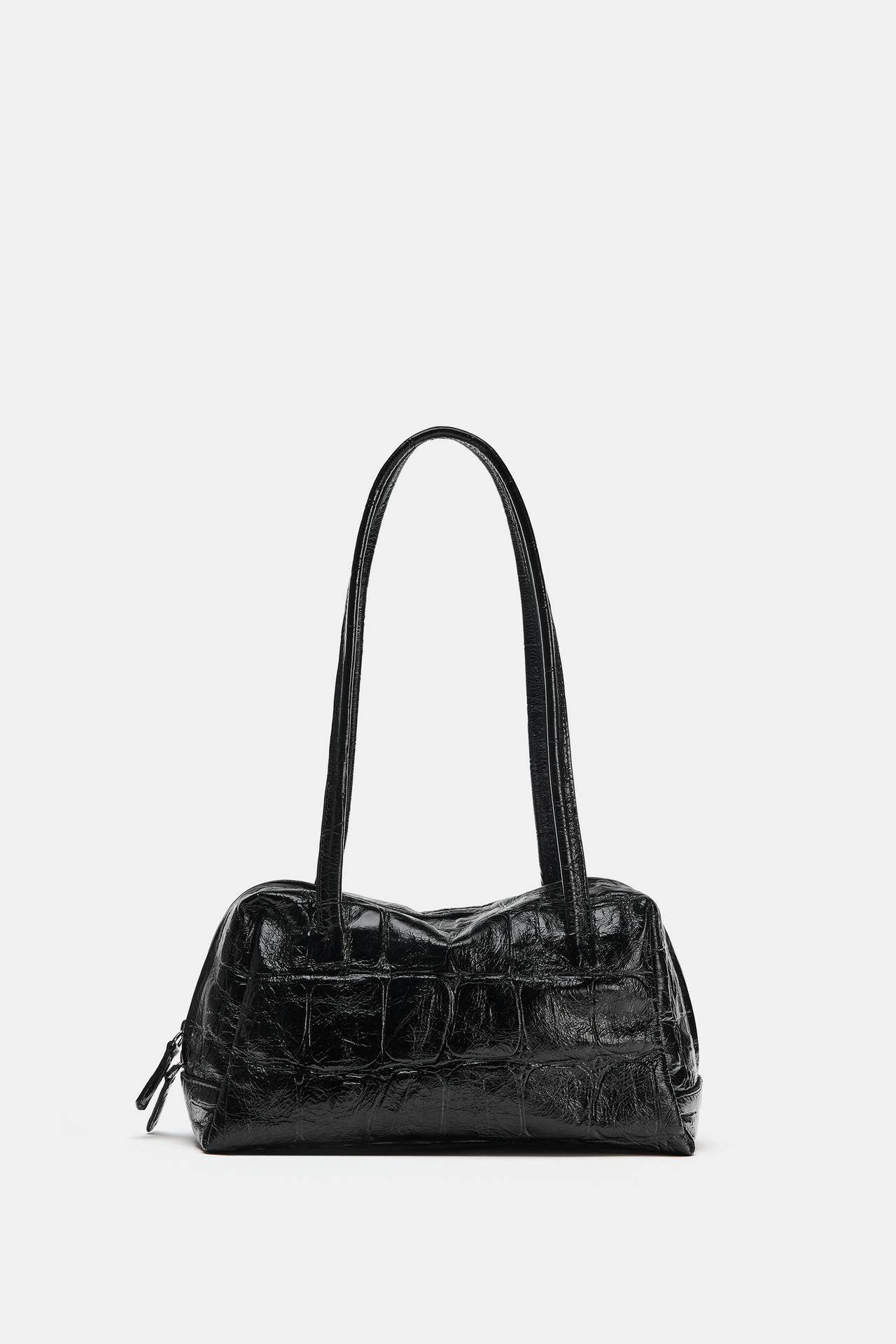 TEXTURED LEATHER SHOULDER BAG — Black