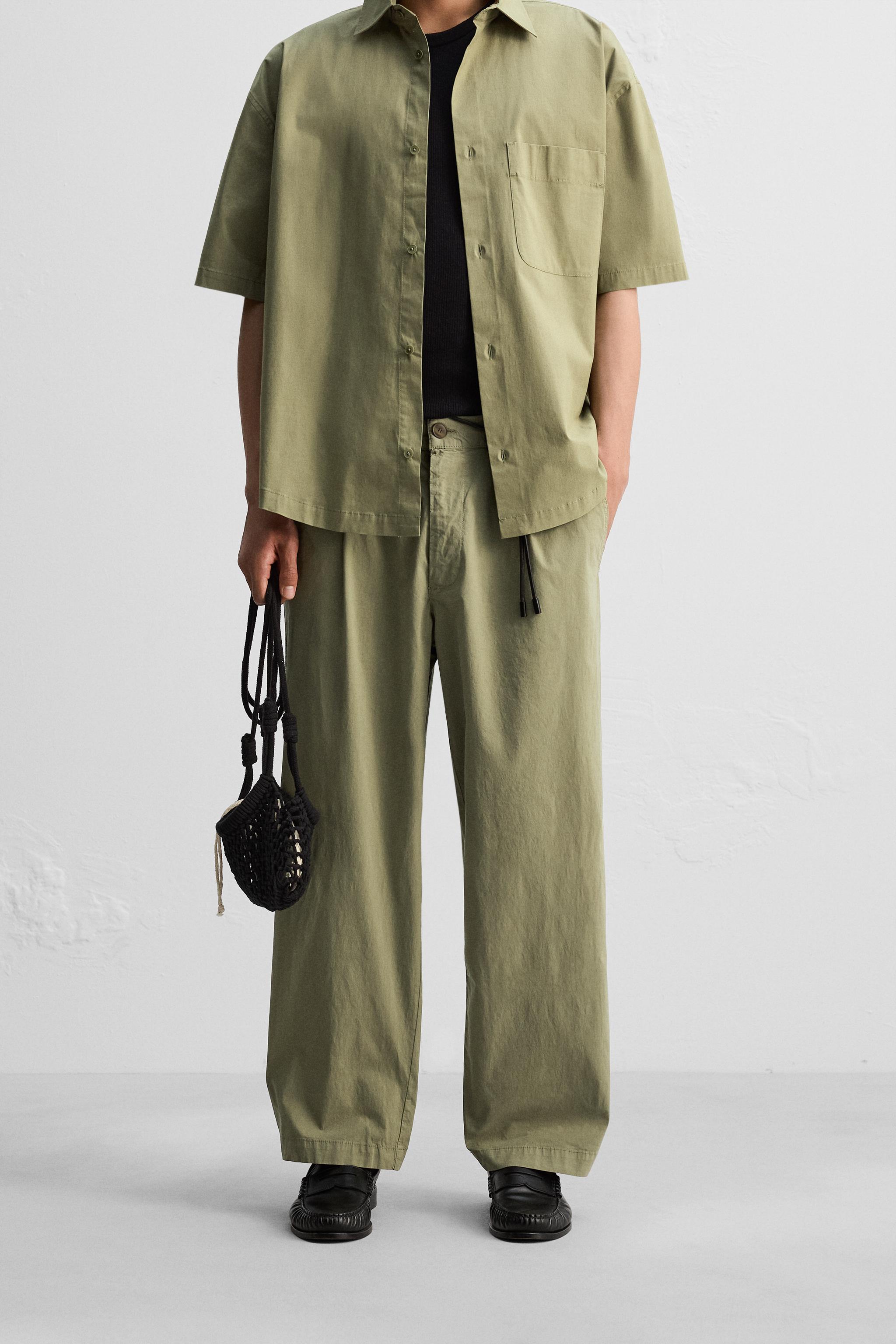 新品未使用タグ付き　ZARA スタッズ付きリラックスフィットパンツ　44 ポプリンリラックスフィットパンツ - カーキ | ZARA Japan / 日本