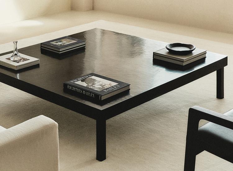 WOOD & LEATHER COFFEE TABLE — Black