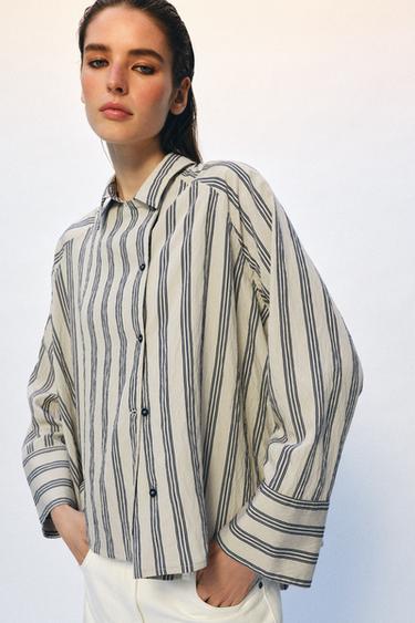 ZW COLLECTION OVERSIZE STRIPED SHIRT - Beige / Navy by Zara - Image 5