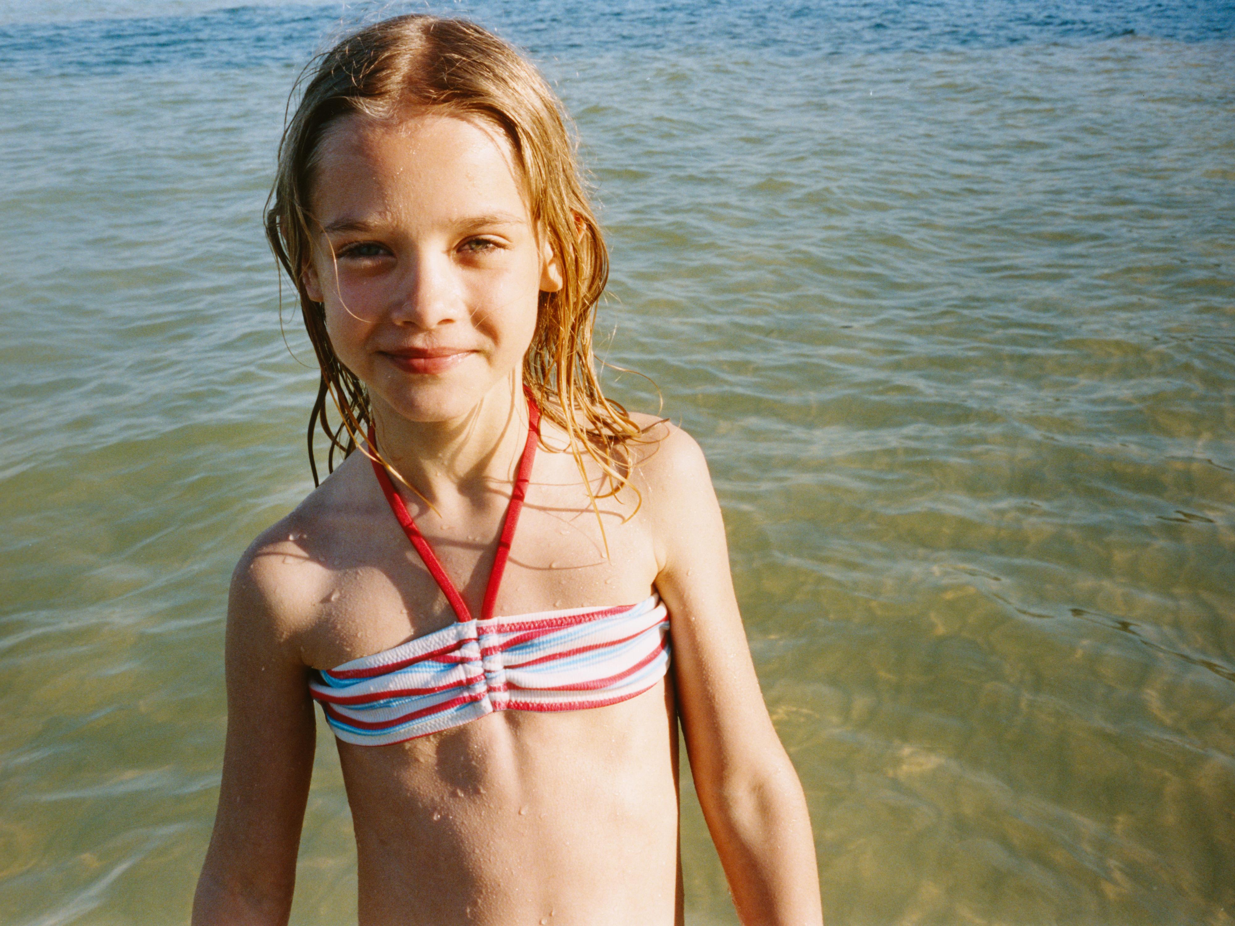 6-14 YEARS/ RIBBED STRIPED BIKINI — Red / White