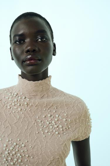 CRINKLE-EFFECT FAUX PEARL KNIT TOP - Beige-pink by Zara - Image 1