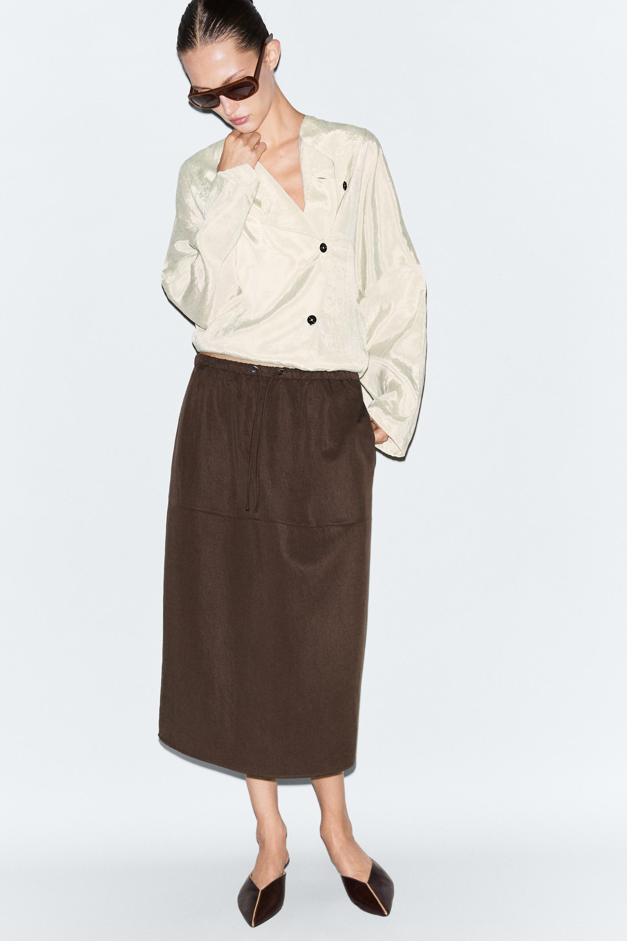 Flowing midi skirt with drawstring — Brown
