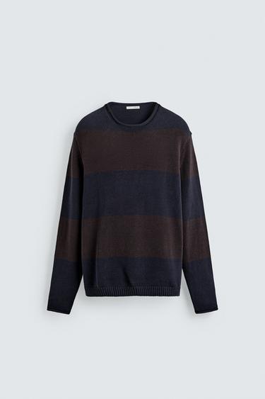 Zara STRIPED JACQUARD JUMPER - Brown-Blue