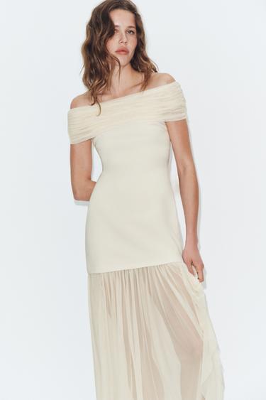فستان ميدي ممزوج بكتف مكشوف - فانيليا by Zara