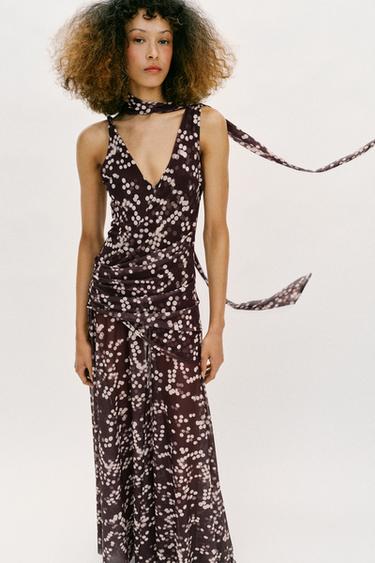 ROBE LONGUE EN TULLE À POIS - Marron / Écru de Zara - Image 1